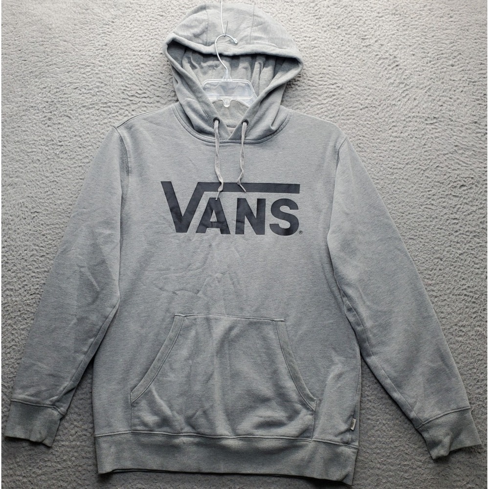 VANS Hoodie Mens Small Gray Fleece Lined Kangaroo Pocket Spell Out Logo Pullover